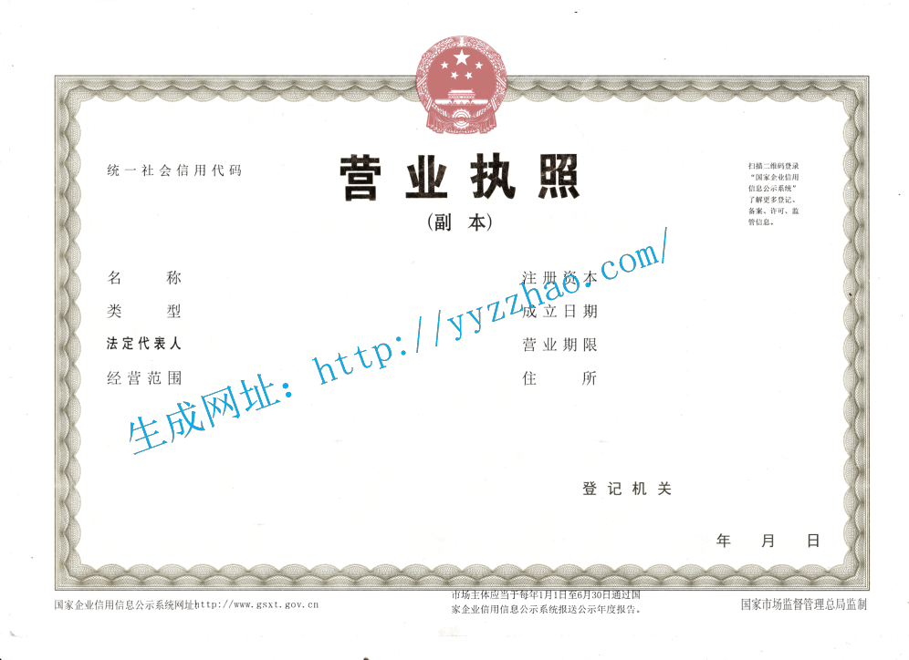 营业执照模板1示例