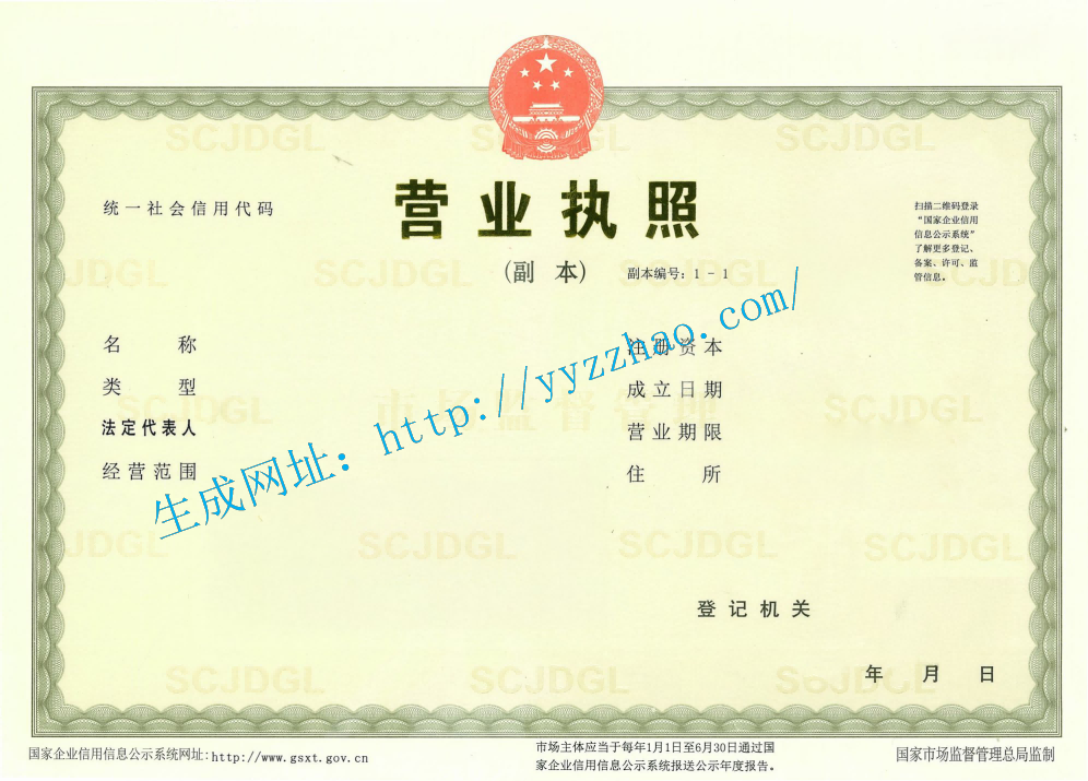 营业执照模板2示例